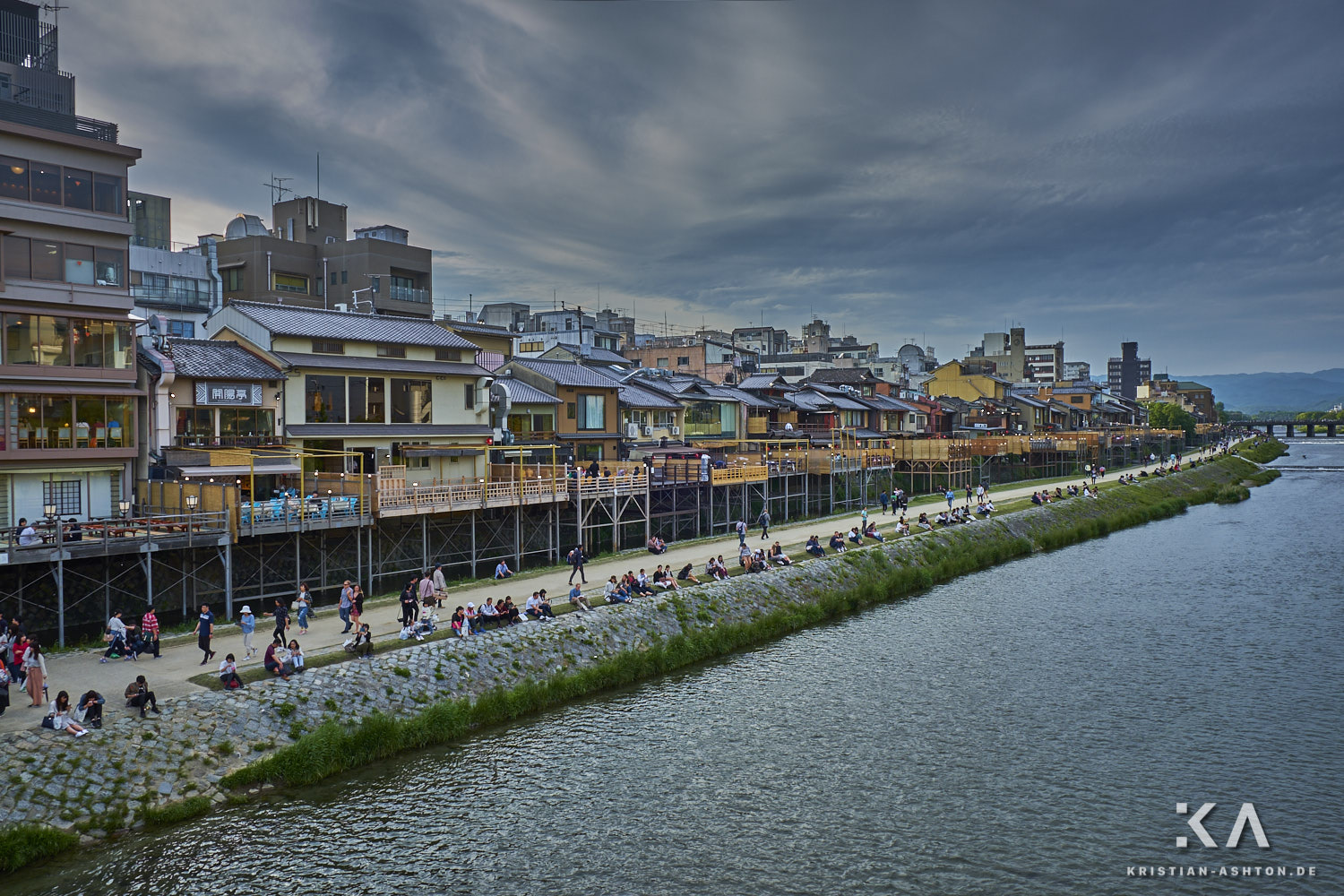 View from the Shijoo bridge, up the Kamo river