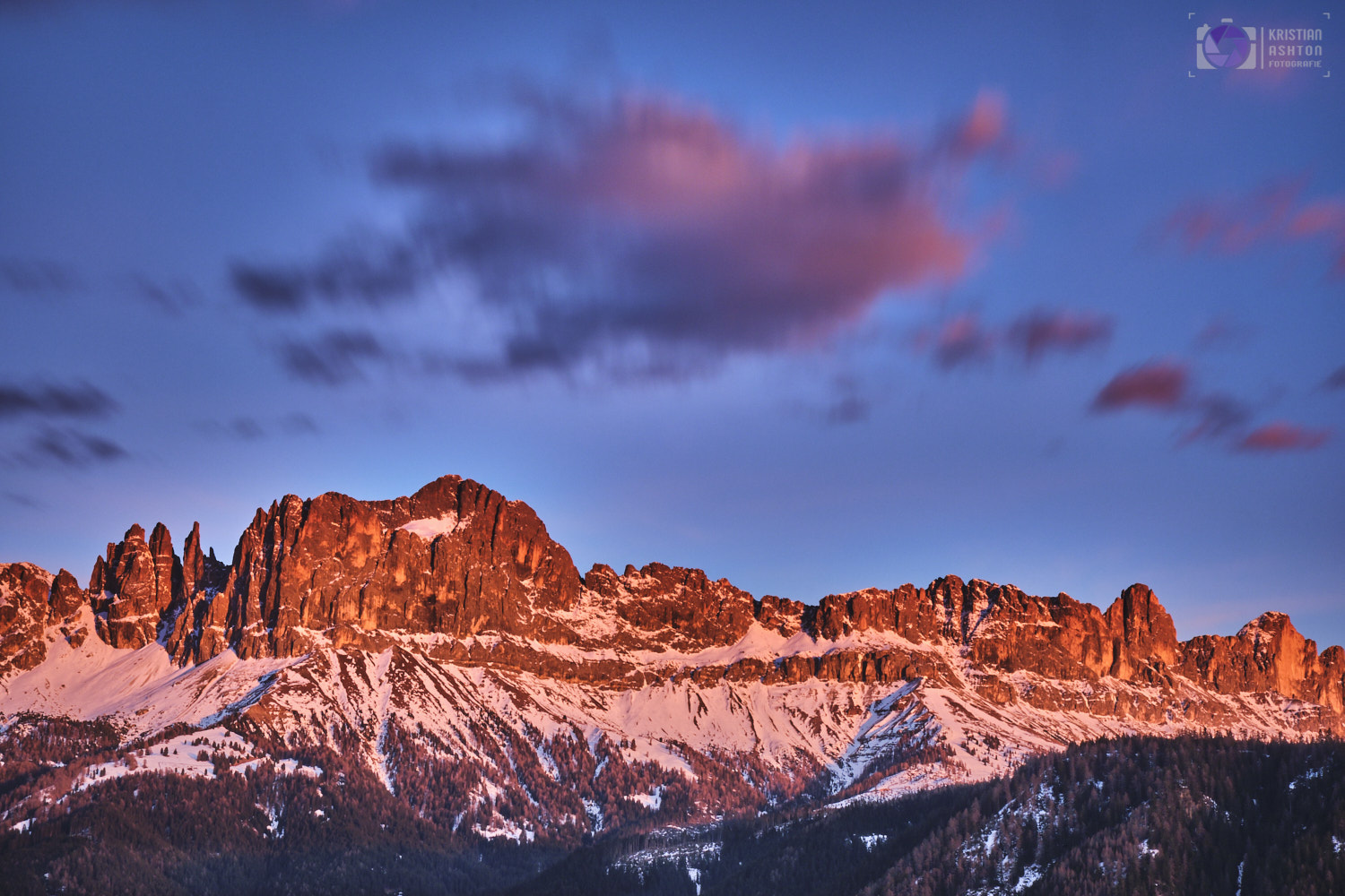 Sunset over the Rosengarten from the Wuhnleger fire protection pond